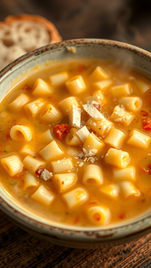 A bowl of creamy pasta parmesan soup with small pasta and parmesan cheese, accompanied by crusty bread on a wooden table.